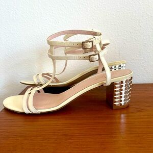 Kate Spade Sandals Patent Leather Metallic Jeweled Block Heel White 9 B